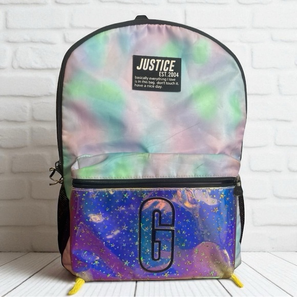 Justice Tie Dye Iridescent Holographic G Backpack Bookbag School Bag - Picture 1 of 14